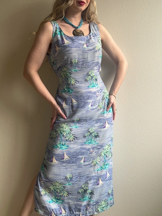 Vintage Dresses & Skirts - Vintage 1990s Tropical Sailboat Print Midi Dress (M/L)